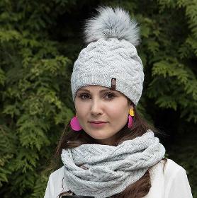 Conjunto de invierno para mujer, gorro, bufanda y guantes con pompón, gris