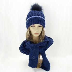 Conjunto de invierno para mujer, gorro con pompón, bufanda, azul marino